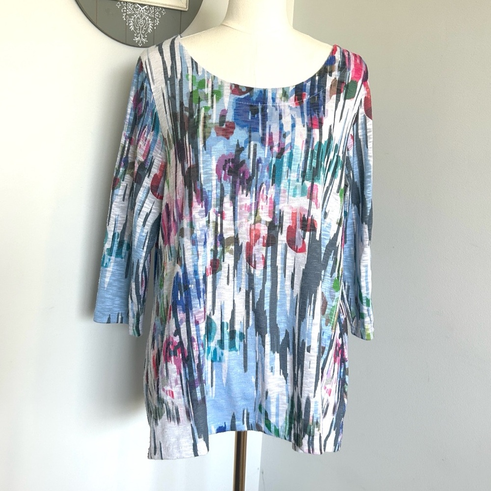 Habitat Multicolor Top Abstract Floral Art 3 Quarter Sleeves Relaxed Size Medium